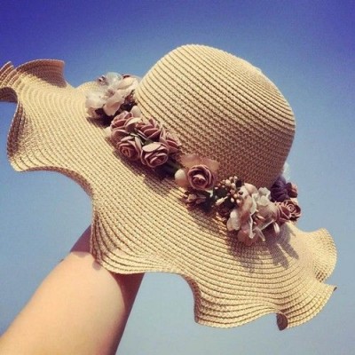 Korean Straw  Sunhats AntiUV Beach Summer Floppy Hat Wide Brim Floral Caps 689782509187 eb-97621964